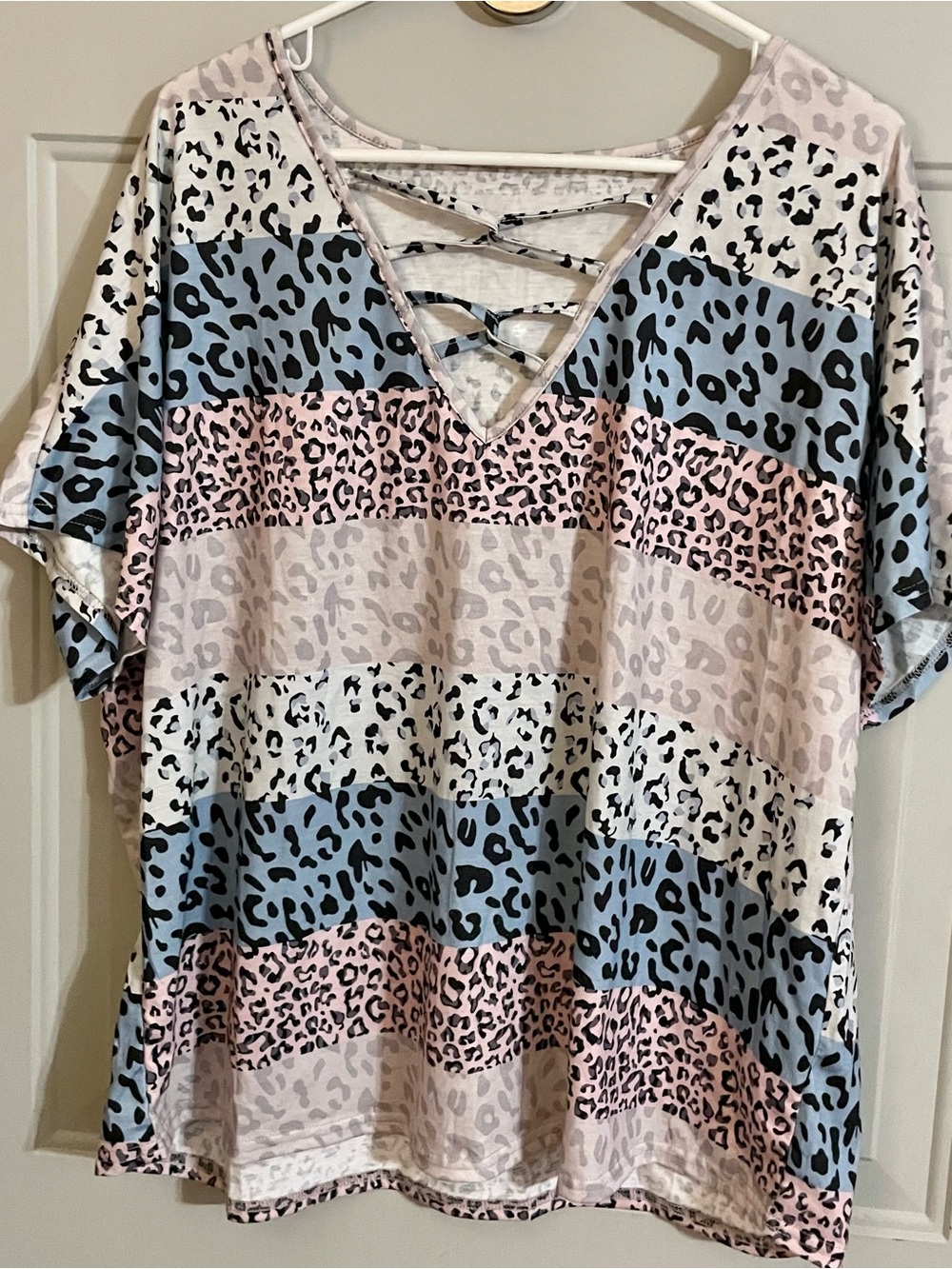 Women's Pink & Blue Leopard Stripe V-Neck Tunic with Crisscross